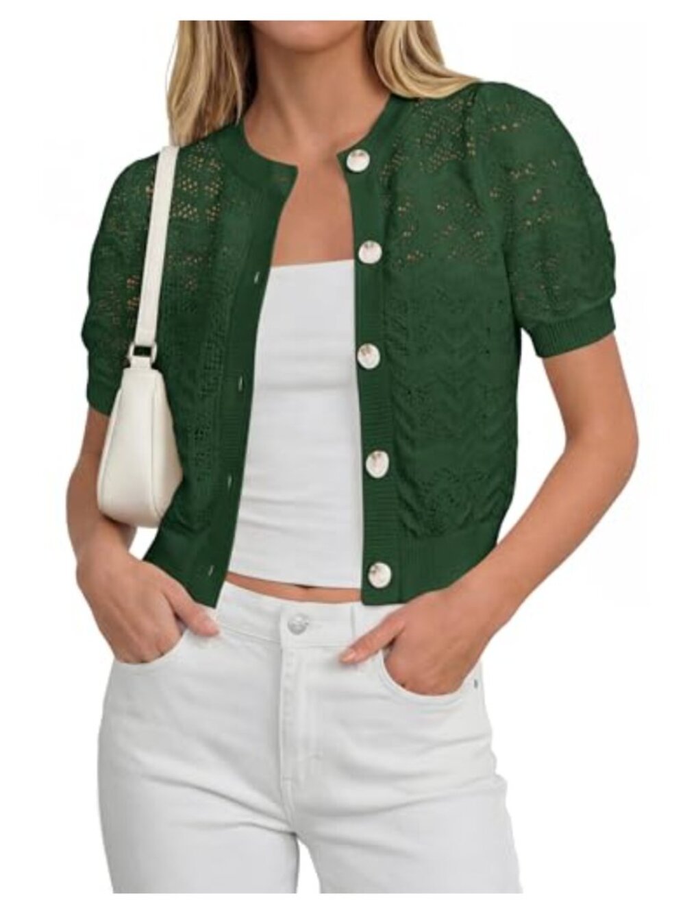 Crochet Cardigan Women Short Sleeve Cropped Open Front Button Knit Shrug